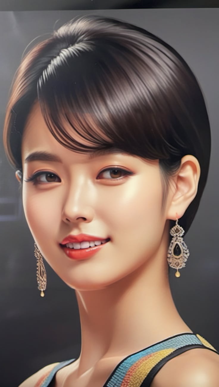 Very (detailed) illustration of a ((best quality)), ((masterpiece)), aesthetic,intricate,high contrast,sharp focus,[colorful],mesmerizing and alluring female model,20yo,detailed exquisite symmetric face,confident smile,playful smirks,looking at viewer,dishelved black bob_cut BREAK skinny tight clothes, torn clothes, [bare] shoulders,small earrings, jewelry,detailed eyes,glossy skin,very sexy pose, hourglass_figure,natural huge breasts,[full body],rule of thirds,cinematic lighting,detailmaster2,han-hyoju-xl