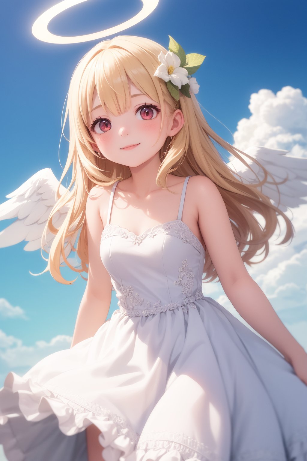 masterpiece, best quality, 1girl, dress, halo, cloudy blue sky, angelic wings, blonde hair, long hair, red eyes, smile, looking at viewer, closed mouth