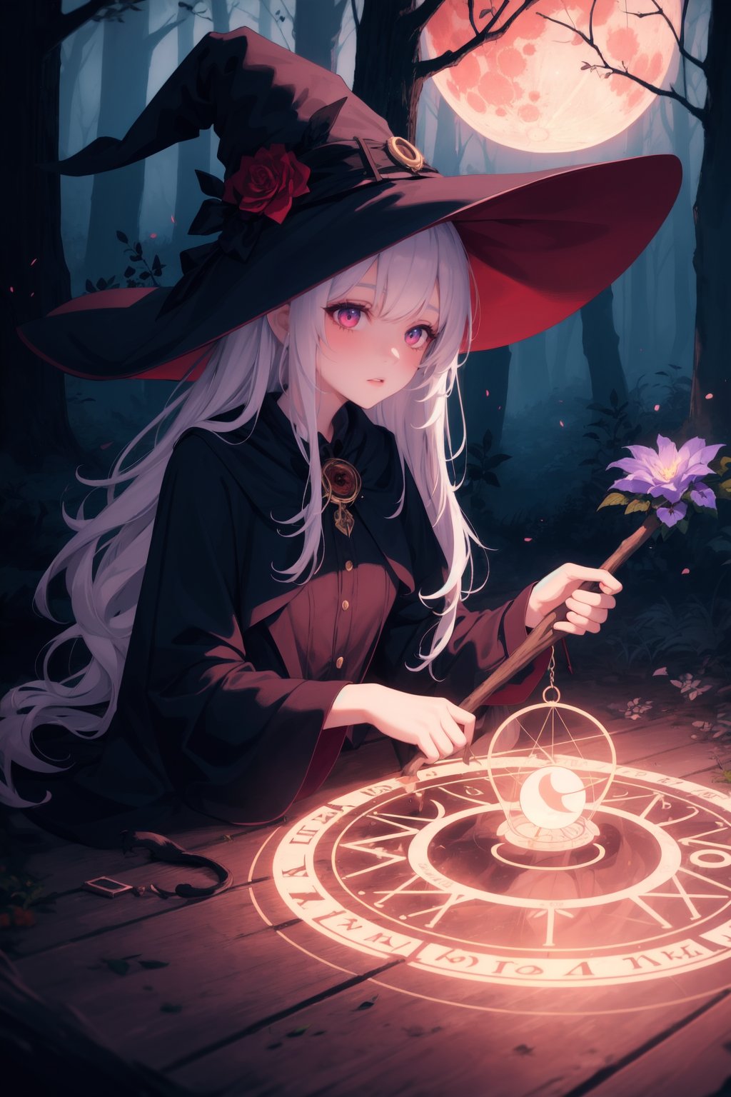 1girl, masterpiece, best quality, incredibly absurdres, witch hat, witch dress, magic circle, colorful forest, midnight, red moon, glowing effect, glowing flower
