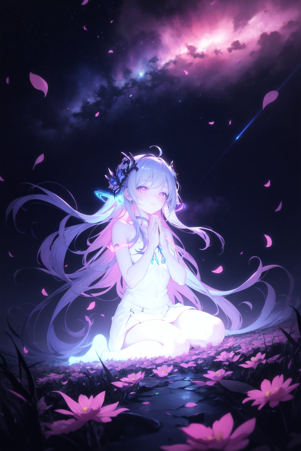 masterpiece, best quality, incredibly absurdres, (glowing effect), starry sky, glowing nebula sky, colorful, neon light, fantasy 1girl, praying, glowing petals