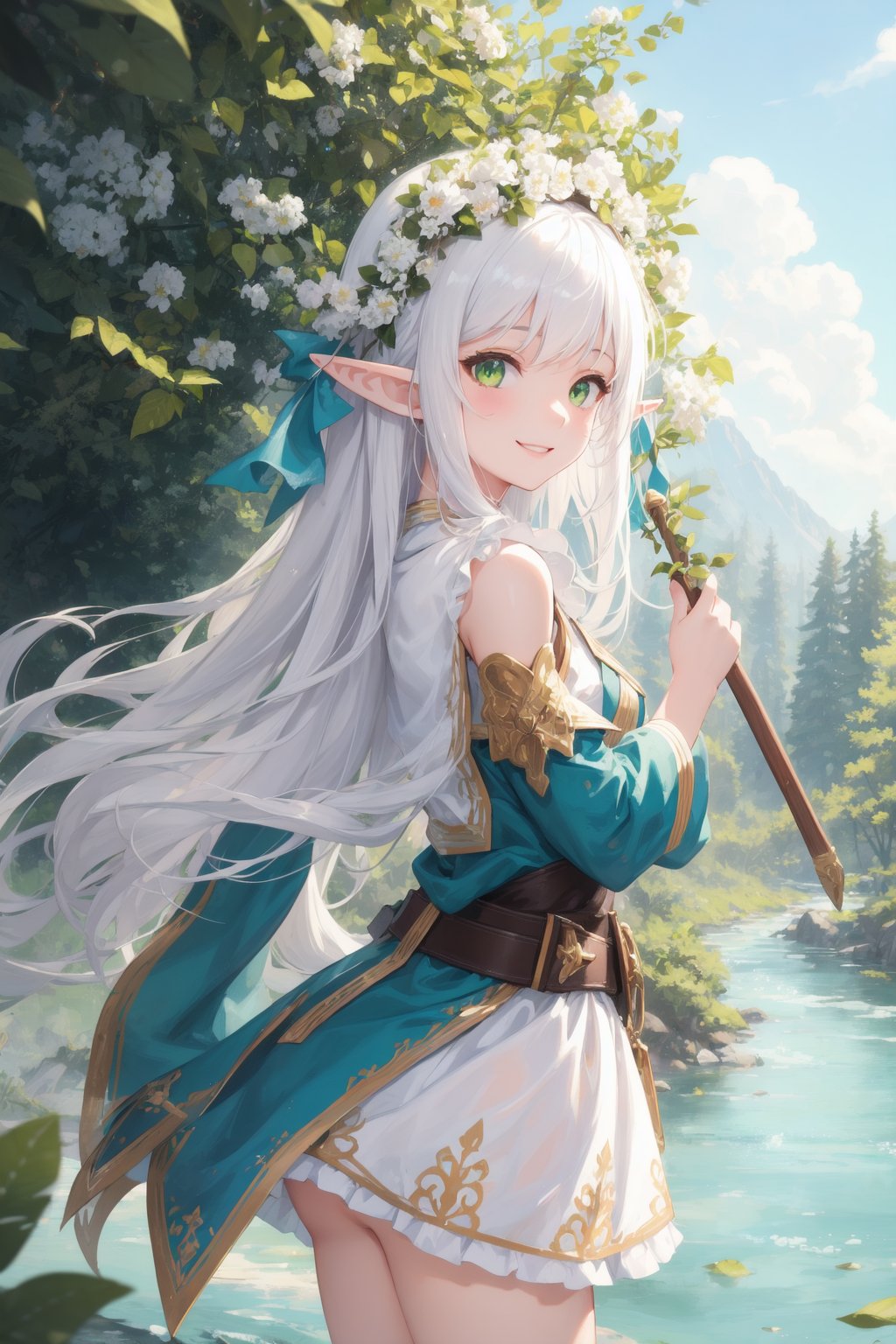 masterpiece, best quality, 1girl, pointy ears, white hair, green eyes, elf tunic, forest, smile, river, blue sky, flower headdress
