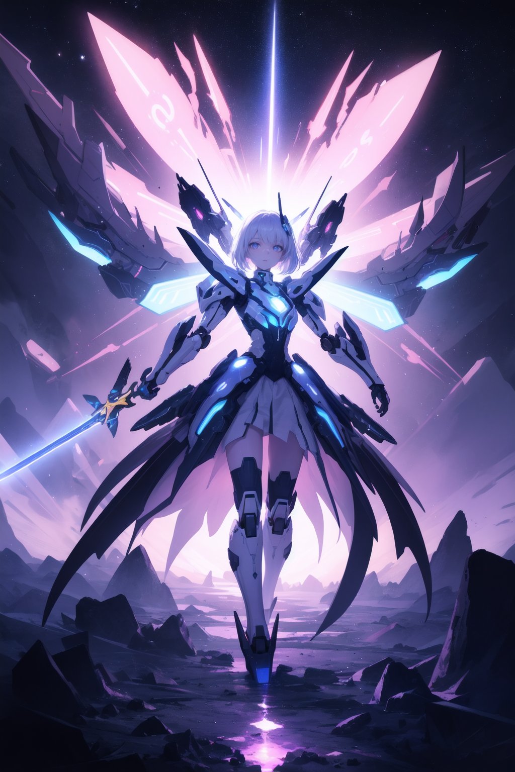 masterpiece, best quality, incredibly absurdres, (glowing effect), starry sky, glowing nebula sky, colorful, neon light, fantasy 1girl, holding sword, mecha dress, solo, flying