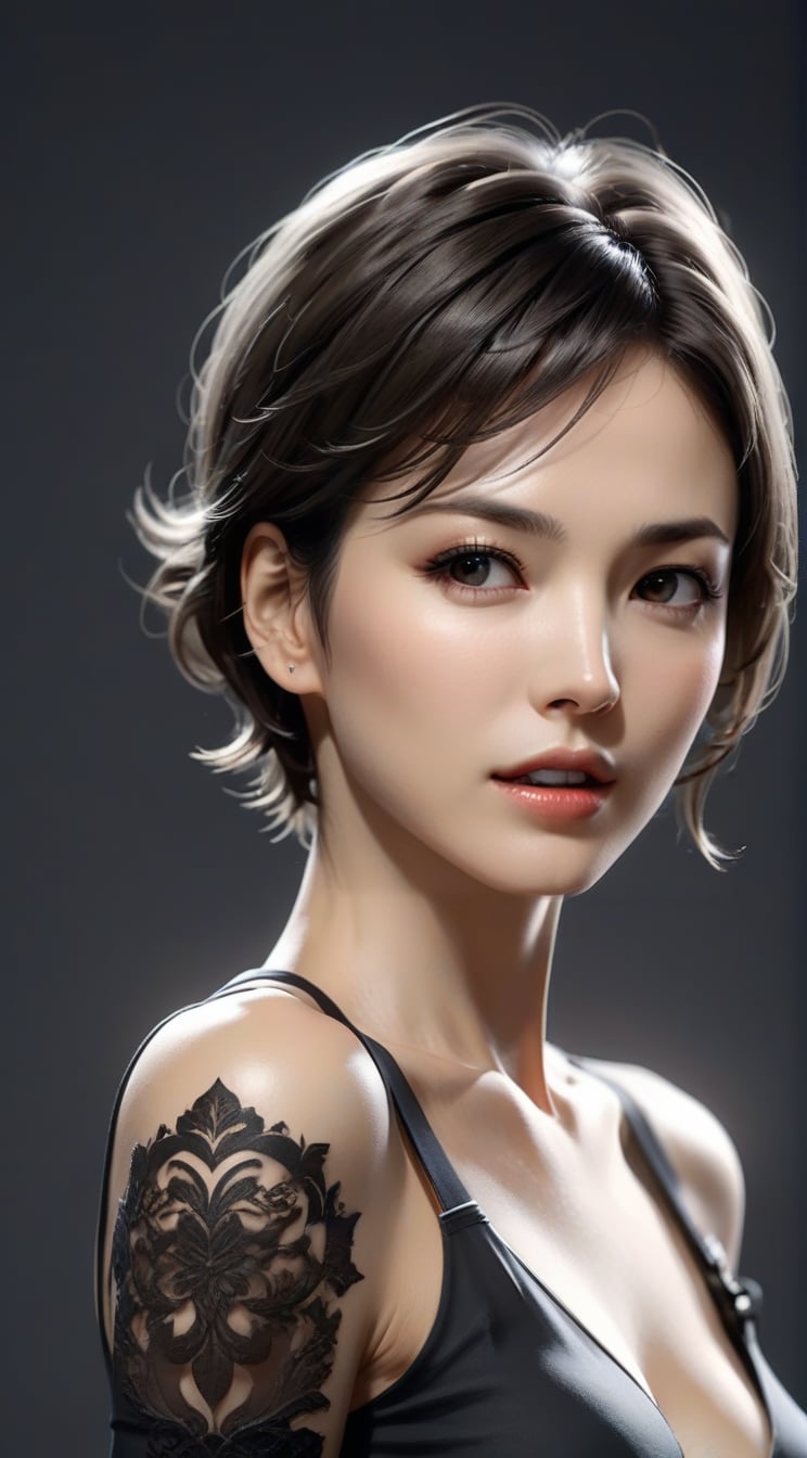 A woman pointing out one hand,closed eyes,low-key,frowning,detailed exquisite symmetric face,sharp nose,short hair,hourglass figure,perfect female form,slim and tall model body,skinny tight black one piece,bokeh,looking at viewer,siena natural ratio,by Sakimichan and Yoji Shinkawa and Serafleur,more detail XL,song-hyegyo-xl