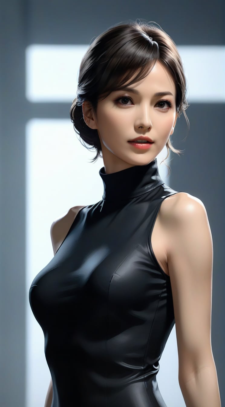 A woman pointing out (one hand),low-key,frowning,detailed exquisite symmetric face,sharp nose,bobcut,hourglass figure,perfect female form,slim and tall model body,skinny tight black turtle-neck sleeveless one piece,bokeh,looking at viewer,siena natural ratio,by Sakimichan and Yoji Shinkawa and Serafleur,more detail XL,song-hyegyo-xl