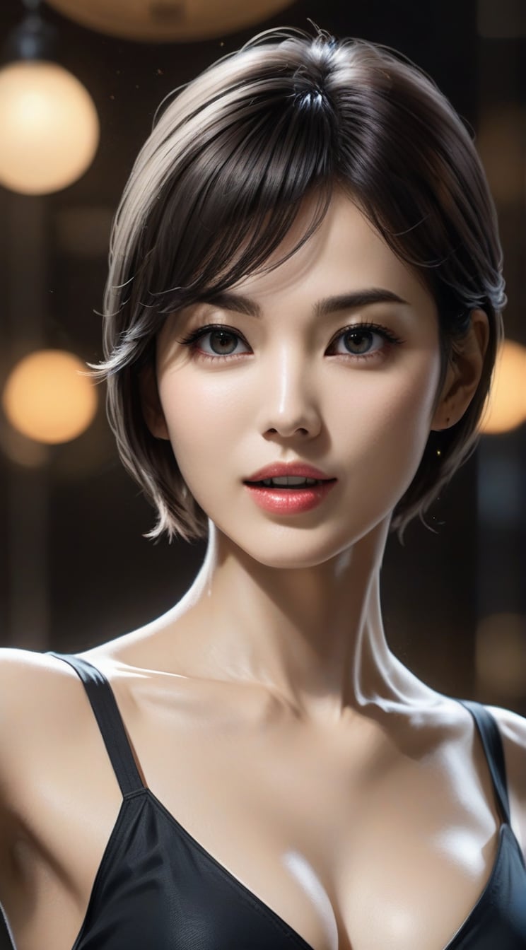 A woman pointing out (one hand),low-key,frowning,detailed exquisite symmetric face,sharp nose,bobcut,hourglass figure,perfect female form,slim and tall model body,skinny tight black one piece,bokeh,looking at viewer,siena natural ratio,by Sakimichan and Yoji Shinkawa and Serafleur,more detail XL,song-hyegyo-xl