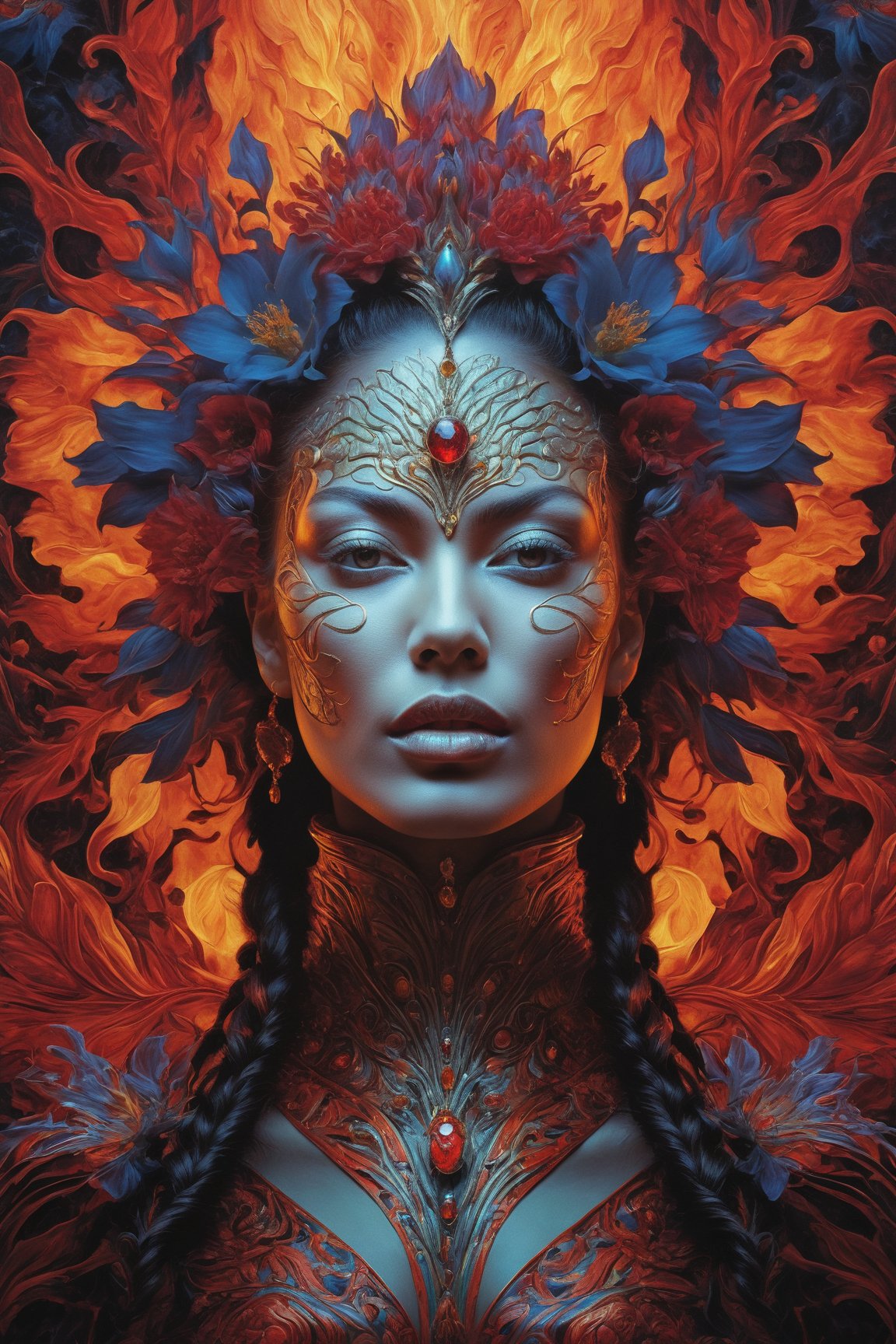 An ultra hd detailed painting of many different types of flowers by android jones, earnst haeckel, james jean. behance contest winner, generative art, baroque, intricate patterns, fractalism, movie still, photorealistic,Portrait of a beautiful woman surrounded by fire, portrait of beautiful young maiden, warhammer, some red water, the middle ages, highly detailed, artstation, illustration, sylvari portrait, 8 k quality, art by partick woodroof
