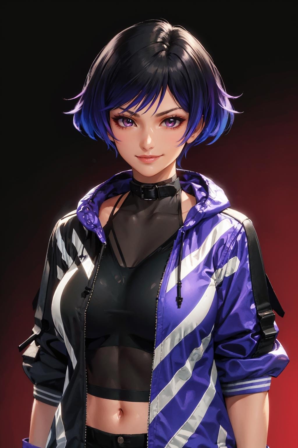 masterpiece, best quality, <lora:tekkenreina-nvwls-v2-000010:0.9> reina, multicolored hair, choker, purple jacket, see-through, black shirt, black shorts, fingerless gloves, looking at viewer, furrowed brow, smile, upper body, gradient background, red background, large breasts
