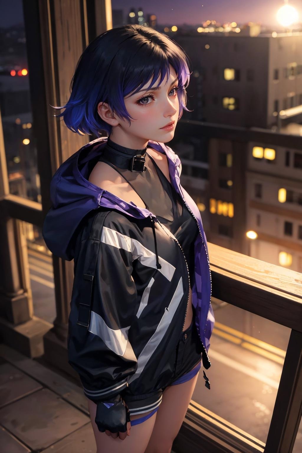 masterpiece, best quality, <lora:tekkenreina-nvwls-v2-000010:0.9> reina, multicolored hair, choker, purple jacket, see-through, black shirt, black shorts, fingerless gloves, looking at viewer, furrowed brow, from side, from above, cityscape, night