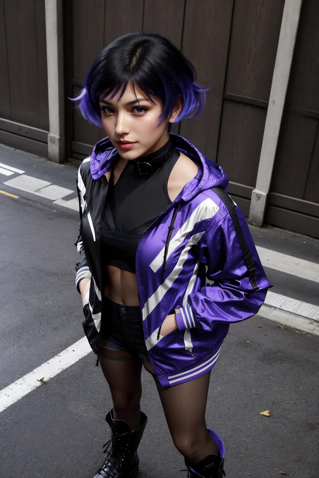 masterpiece, best quality, <lora:tekkenreina-nvwls-v2-000010:1> reina, purple eyes, multicolored hair, choker, purple jacket, see-through, black shirt, black shorts, pantyhose, boots, hands in pockets, looking at viewer, bird's eye view, from above, dynamic pose