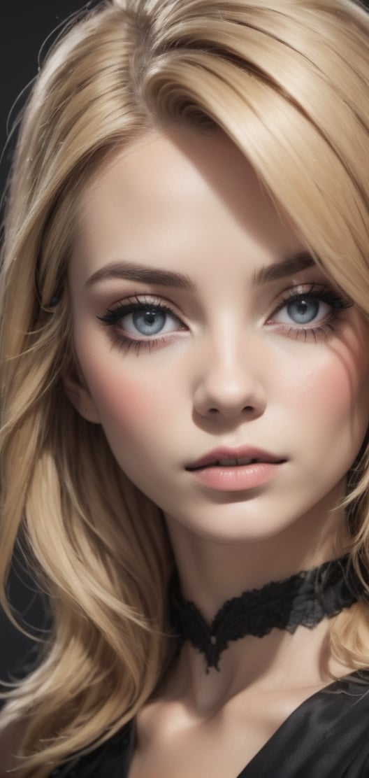 Create a monochrome portrait of beautiful blonde girl .close up hair covering eye, dark make up, nostalgic picture,Realism,pinhole photography,DonM4lbum1n,Pure Beauty,Enhanced All