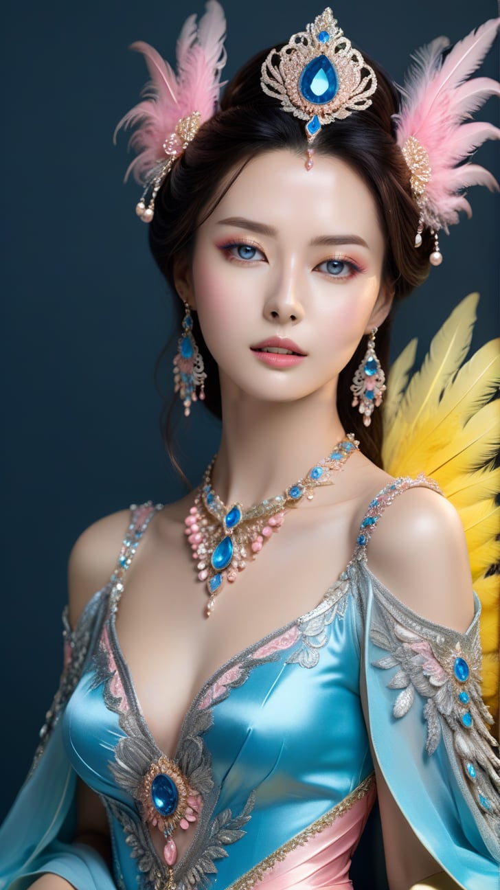 A gorgeous woman,alluring neighbor's wife,detailed exquisite symmetric face,make up,foxy eyes,soft shiny skin,studio photo,majestic,opulent,filigree jewelleries and fluffy feathers,azure yellow pink dark-silver colors,untra-detailed,magic,epic,fantasy,barok,(full body sideview:1.3),kwon-nara