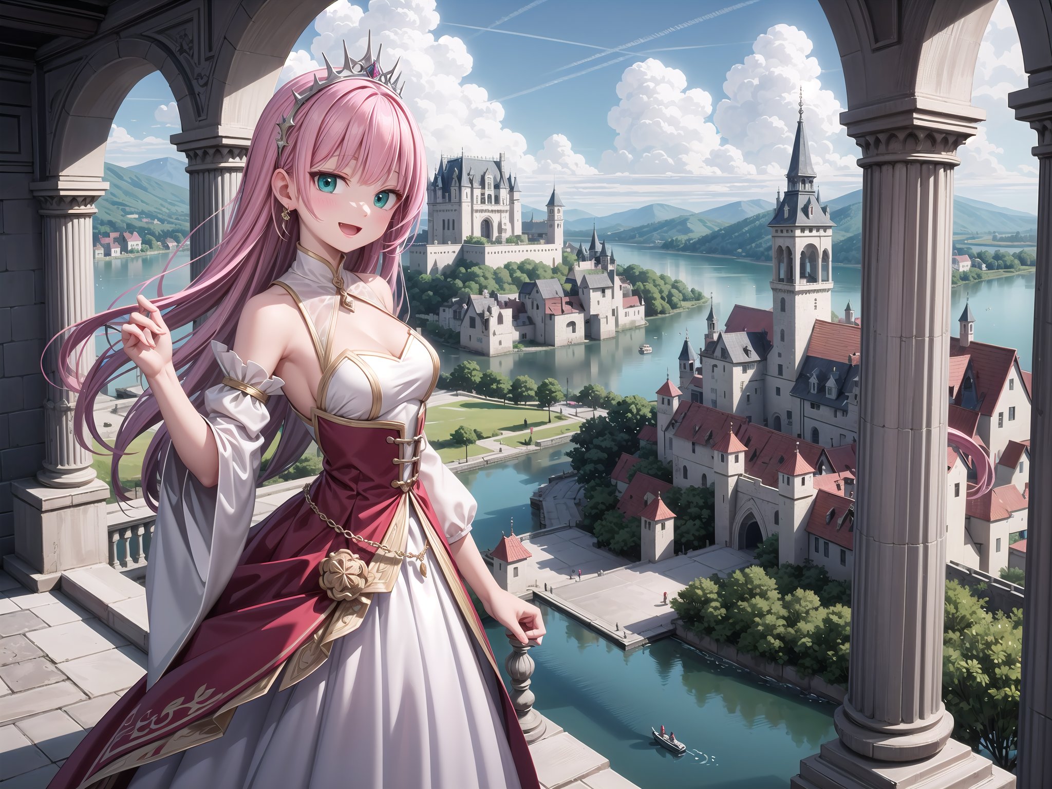 insanely detailed, absurdres, ultra-highres, ultra-detailed, best quality,1 girl, solo, nice hands, perfect hands,BREAK,(wearing princess dress), teara,happy smile, laugh, open mouth,standing,from side, cowboy shot, looking at viewer,BREAK,slender, kawaii, perfect symmetrical face, ultra cute girl, ultra cute face, ultra detailed eyes, ultra detailed hair, ultra cute, ultra beautiful,BREAK,fantasy world, (castle in background, lake:1.3), (very wide, panorama view, sense of depth, magnificent view:1.3)BREAK,princess girl, pink hair, green eyes, medium breasts