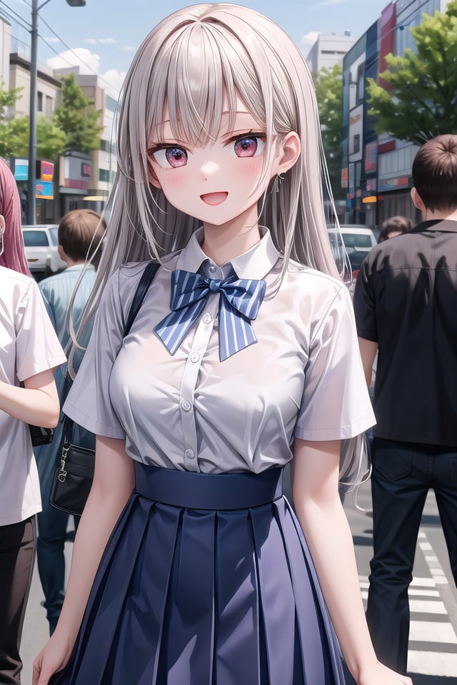 insanely detailed, absurdres, ultra-highres, ultra-detailed, best quality,1girl, solo, nice hands, perfect hands,BREAKsummer school uniform with indigo blue bowtie, (short sleeves, dark blue skirt, pleated skirt:1.3), (indigo blue:1.3) bowtie, (white shirt:1.3), shirt with white button, (skirt with many pleats:1.4), plain shirt, plain skirt, (striped bowtie:1.3), shirt_tucked_in ,BREAKhappy smile, laugh, open mouth, standing,(45 angle:-1.5), (from side:-1.5),cute pose, cowboy shot,BREAKslender, kawaii, perfect symmetrical face, ultra cute girl, ultra cute face, ultra detailed eyes, ultra detailed hair, ultra cute, ultra beautiful,BREAKin harajuku, shibuya, tokyo, street, crowd, cityscape,BREAKmedium large breasts,(grey hair, red eyes), 