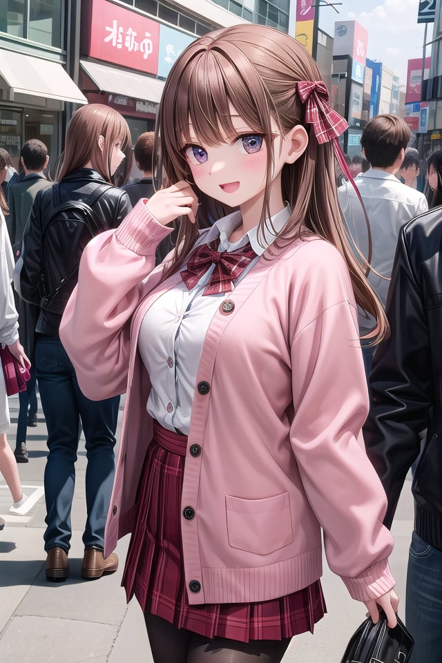 insanely detailed, absurdres, ultra-highres, ultra-detailed, best quality,1girl, solo, nice hands, perfect hands,BREAK(School Uniforms:1.2), (pink cardigan is fit body:1.4), ((do up a buttons, not loose):1.5), ((long sleeve, sleeves past wrists):1.2), (inner wear is white collared-shirt:1.3), (red plaid-pattern bow:1.3), (red plaid-pattern pleated skirt:1.3), ((dark-brown pantyhose, loafers):1.2) ,BREAKhappy smile, laugh, open mouth, standing,from side,cute pose, cowboy shot,BREAKslender, kawaii, perfect symmetrical face, ultra cute girl, ultra cute face, ultra detailed eyes, ultra detailed hair, ultra cute, ultra beautiful,BREAKin harajuku, shibuya, tokyo, street, crowd, cityscape,BREAKmedium large breasts,(brown hair, brown eyes), hime cut