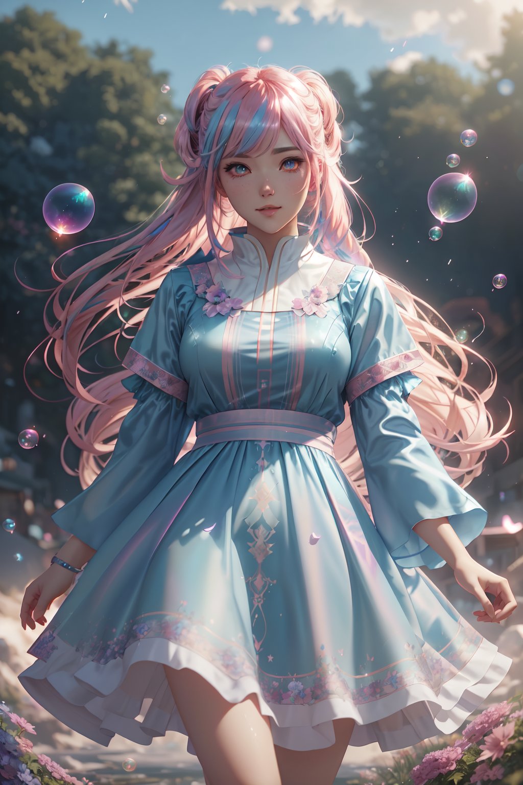 high quality, 8K Ultra HD, high detailed, masterpiece, A digital illustration of anime style, soft anime tones, Detailed illustration of many colorful soap bubbles falling from the sky on a beautiful woman, pale blue dress, colorful colors, colorful woman, pink hair, blue eye, luminism, three dimensional effect, enhanced beauty, Albert Anker, Kyoto Animation, Greg Rutkowski, Artgerm, WLOP, Alphonse Beeple, luminism, 3d render, octane render, Isometric, by yukisakura, awesome full color,