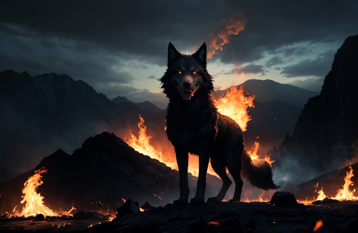 (best quality, highres:1.2, ultra-detailed, photorealistic:1.37), giant wolf Fenrir, fire, mountains, protruding, broken shackles, chains hanging, red eyes, angry, realistic lighting, dark atmosphere, eerie shadows, menacing presence, glowing embers, powerful stance, epic landscape, smoke billowing, intense heat, growling, fierce expression, wild fur, towering silhouette, raging flames, ethereal glow, foreboding, untamed power