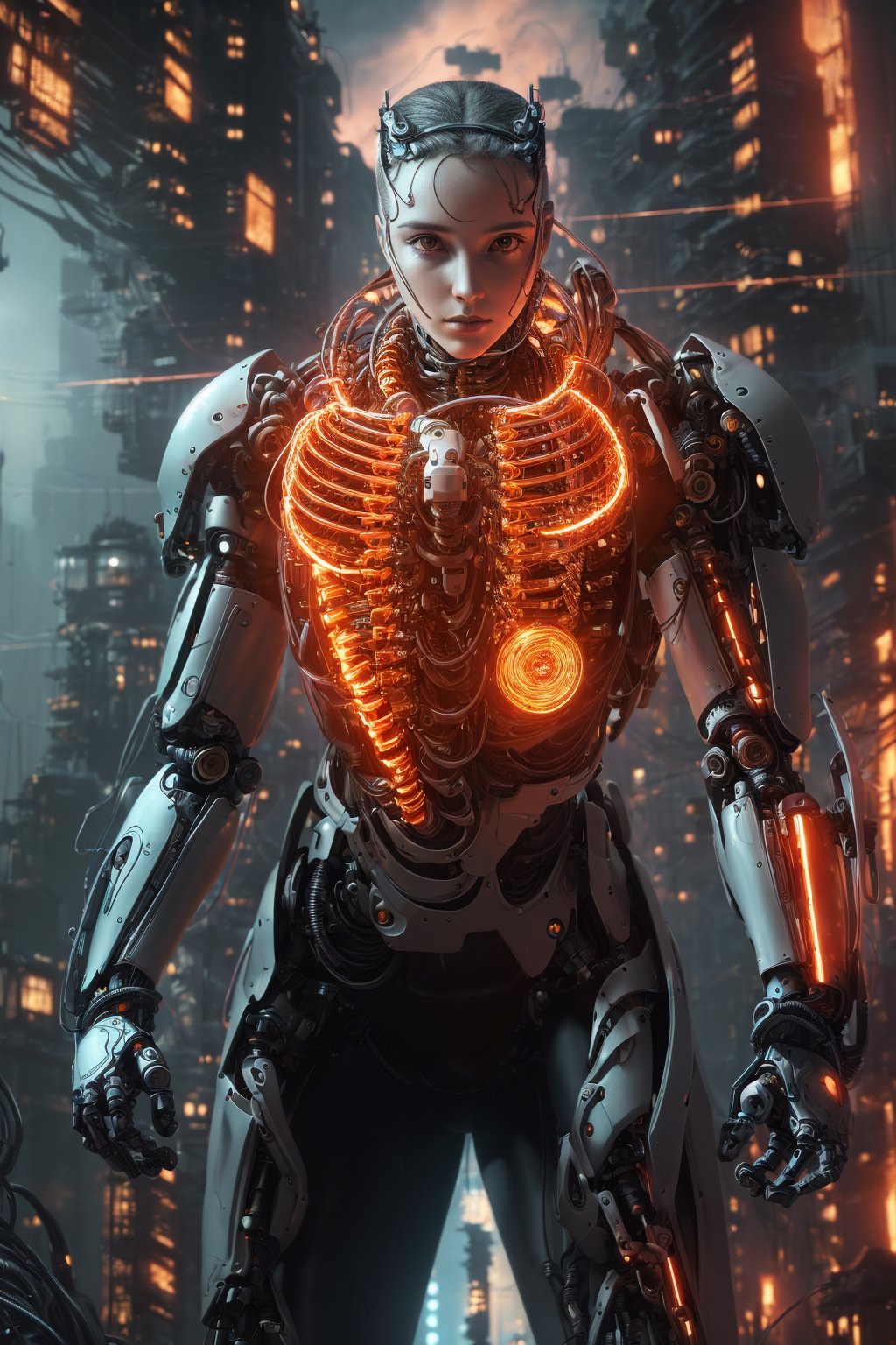 (((masterpiece))), (((best quality))), ((ultra-detailed)), (highly detailed CG illustration), ((an extremely delicate and beautiful)),(from side),cinematic light,((1mechanical girl)),solo,half body,(machine made joints:1.2),((machanical limbs)),(blood vessels connected to tubes),(mechanical vertebra attaching to back),((mechanical cervial attaching to neck)),(sitting),expressionless,(wires and cables attaching to neck:1.2),(wires and cables on head:1.2)(character focus),science fiction,city background, extreme detailed,colorful,highest detailed,(face shadow (extra detailed,best performance)), laser eyes (detailed red))fire in holes of hands)