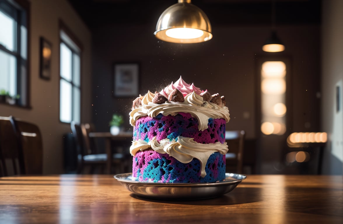 Delicious glowing galaxy cake on a dining table in the kitchen, comfortable light ,romantic light, ultra details ,photorealistic, realistic ,gel lighting, Cinematic, Filmic, medium shot, 4k, Front-light, Cinematic Lighting, volumetric Light, Ray Tracing Reflections, Chromatic Aberration, photography, hyper realistic, 4k, 8k,closeup <lora:more_details:0.5>