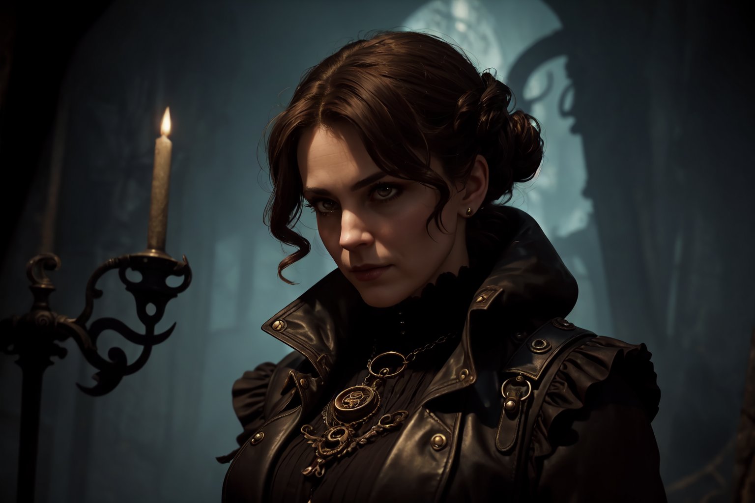 middle aged woman, (style-swirlmagic:0.8), solo, upper body, looking away, detailed background, detailed face, (victorian theme:1.1), false confidence, investigator of the unknown, tattered adventuring gear, gloves, dark color scheme, ancient apocalyptic prophecy,,psychological struggle, antique glyphs, shadowy tendrils in background, low light, early 20th century mysterious Lovecraftian atmosphere,