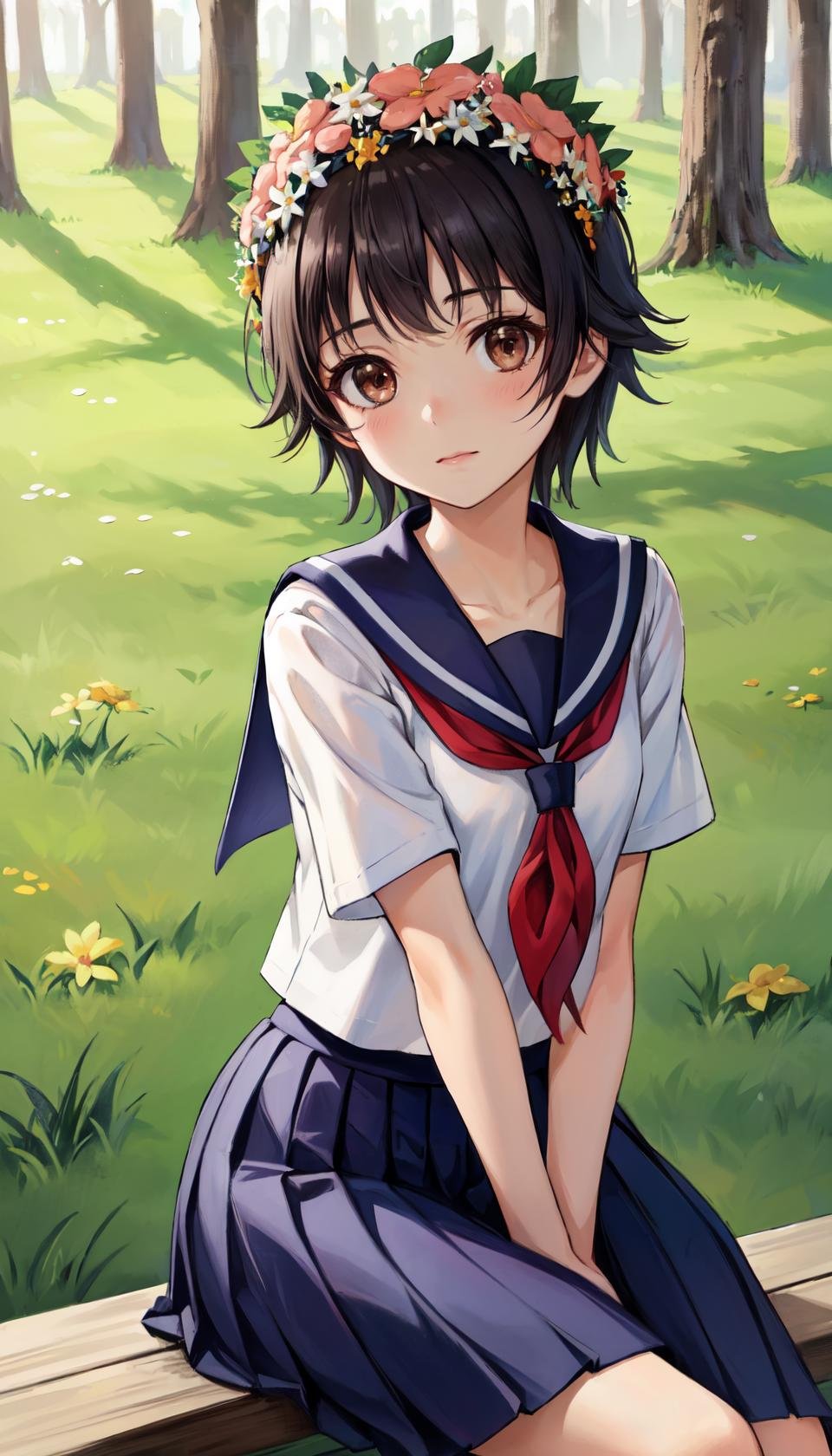 masterpiece, best quality, outdoors, grass, field, forest,uiharu kazari, 1girl, solo, looking at viewer, sitting, brown eyes, black hair, short hair, hair ornament, flower, hair flower, head wreath, school uniform, serafuku, sakugawa school uniform, skirt, bangs, pleated skirt, short sleeves<lora:LoRA_Kazari:1>