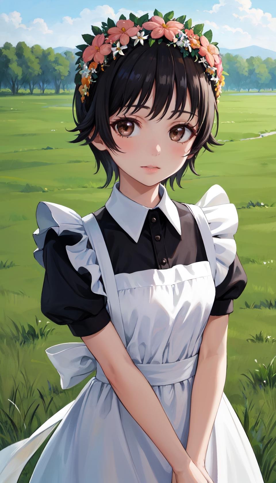 masterpiece, best quality, outdoors, grass, field, forest,uiharu kazari, 1girl, solo, looking at viewer, brown eyes, black hair, short hair, hair ornament, flower, hair flower, head wreath, maid apron, maid, <lora:LoRA_Kazari:1>