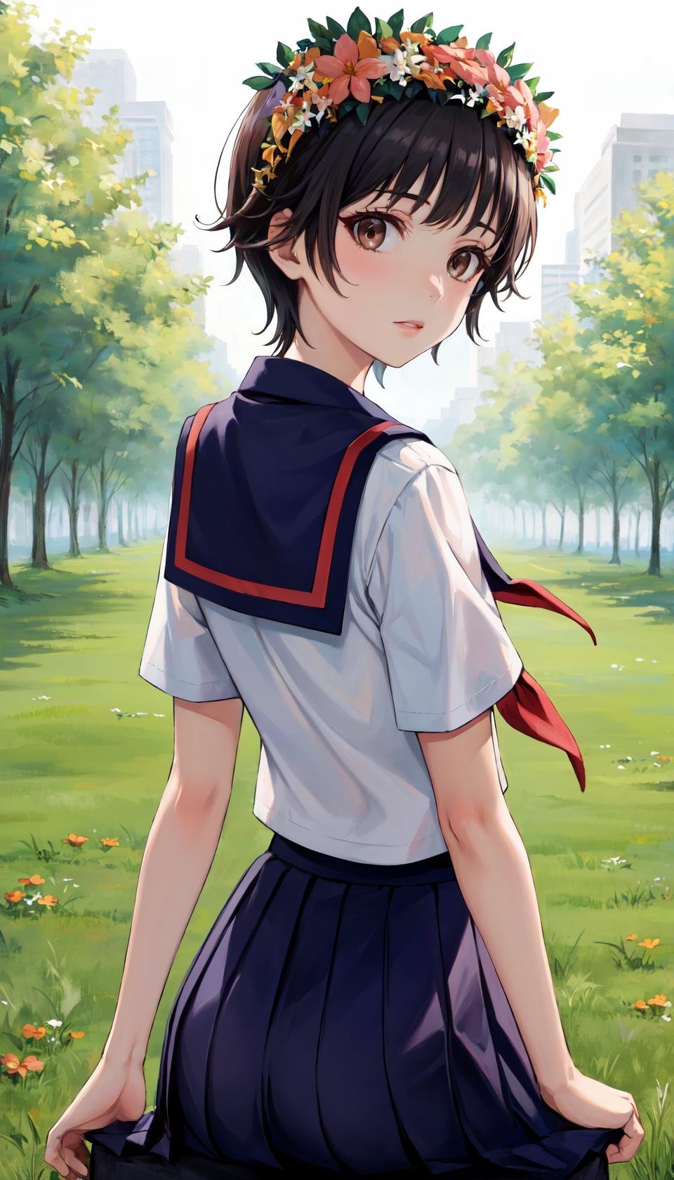 masterpiece, best quality, outdoors, grass, field, forest,uiharu kazari, 1girl, solo, looking at viewer, from behind, ass, brown eyes, black hair, short hair, hair ornament, flower, hair flower, head wreath, school uniform, serafuku, sakugawa school uniform, skirt, bangs, pleated skirt, short sleeves<lora:LoRA_Kazari:1>