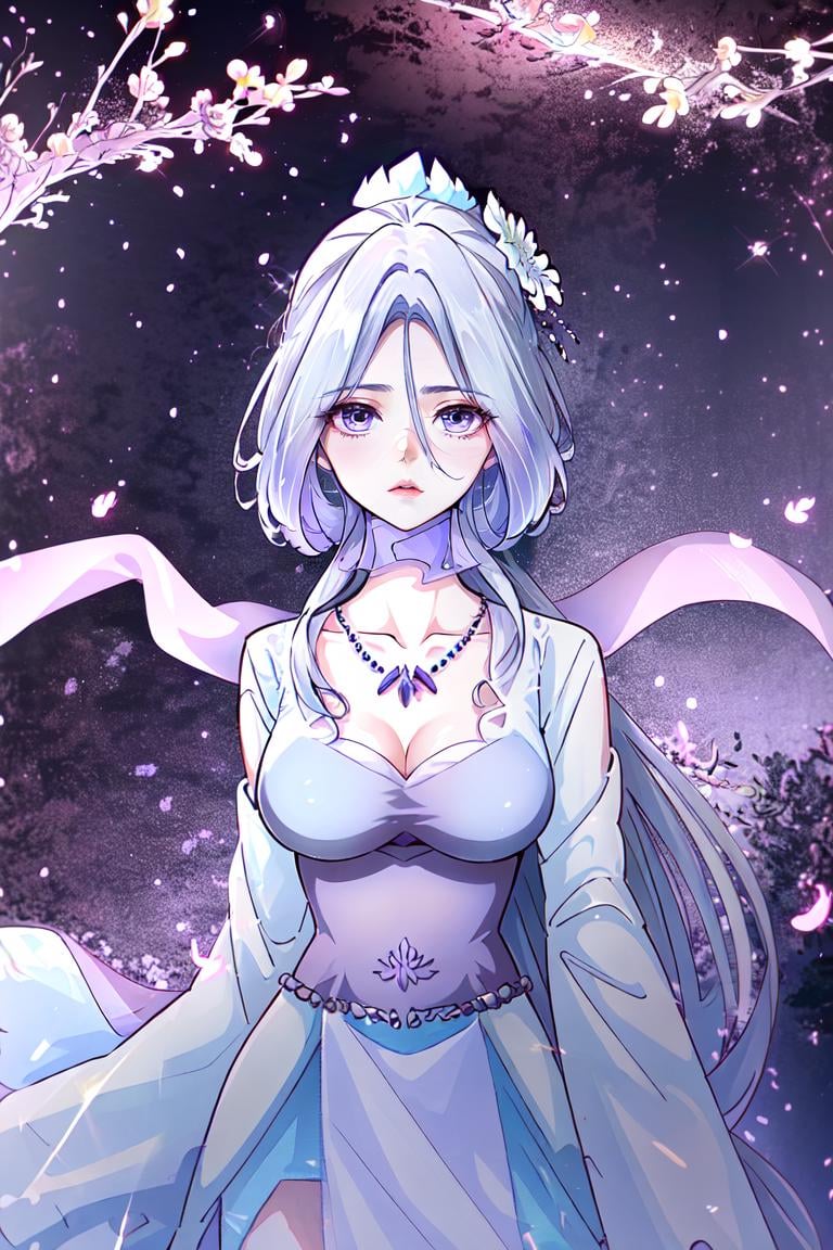 a woman in a long white dress ,hanfu, official art, a character portrait,  shawl,  , white clothes, neck jewelly, contrast, no collar, hair covering face, very long hair. light purple shawl, pibo,  side view, upper body, Close-up,face focus,Chu qingcheng, seethrough veil, flying shawl, jewelly, chu qingcheng clothes, manhua style,  mouth, nose, face detail, flying, sky, cloud, night, long flared skirt, don't show thighs, illustration, long sleeve, wide, sleeve, looking at viewer, necklace <lora:Chu_Qingcheng1-000008:0.8>, masterpiece,ultra realistic,32k,extremely detailed CG unity 8k wallpaper, best quality