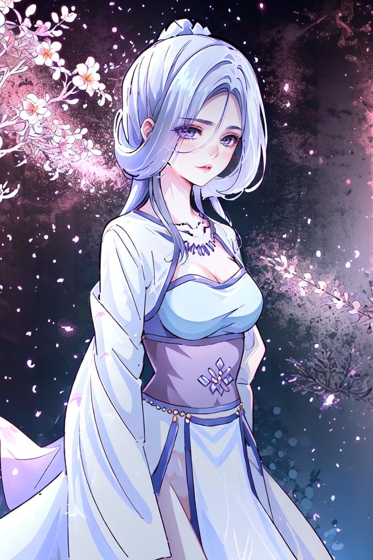 a woman in a long white dress ,hanfu, official art, a character portrait,  shawl,  , white clothes, neck jewelly, contrast, no collar, hair covering face, very long hair. light purple shawl, pibo,  side view, upper body, Close-up,face focus,Chu qingcheng, seethrough veil, flying shawl, jewelly, chu qingcheng clothes, manhua style,  mouth, nose, face detail, flying, sky, cloud, night, long flared skirt, don't show thighs, illustration, long sleeve, wide, sleeve, looking at viewer, necklace <lora:Chu_Qingcheng1-000008:0.8>, masterpiece,ultra realistic,32k,extremely detailed CG unity 8k wallpaper, best quality