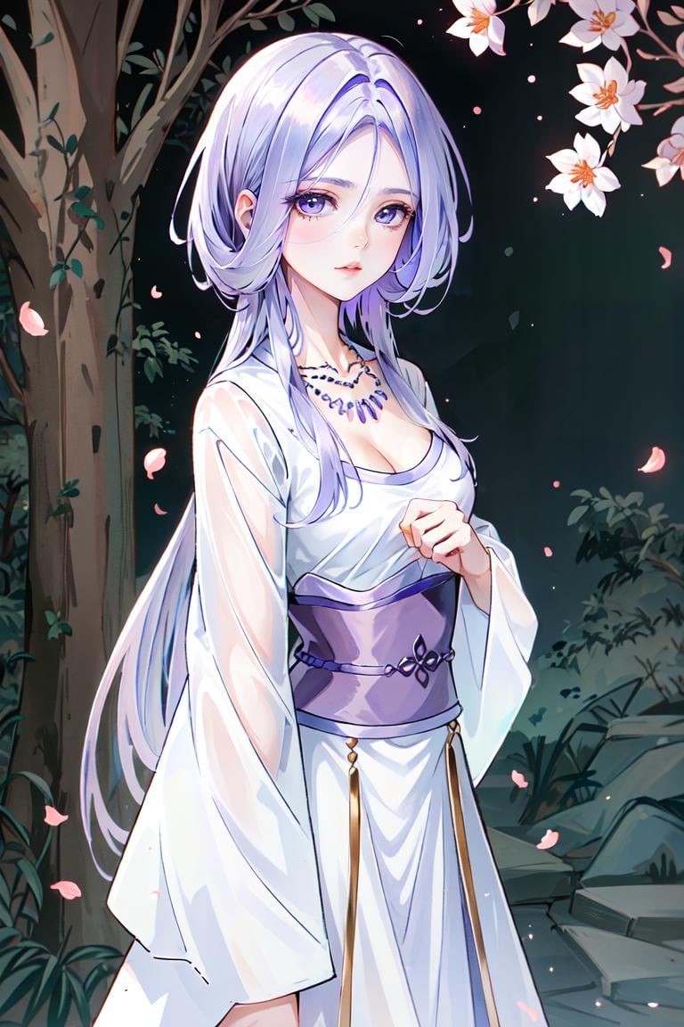 a woman in a long white dress ,hanfu, official art, a character portrait,  shawl,  , white clothes, neck jewelly, contrast, no collar, hair covering face, very long hair. light purple shawl, pibo,  side view, upper body, Close-up,face focus,Chu qingcheng, seethrough veil, flying shawl, jewelly, chu qingcheng clothes, manhua style,  mouth, nose, face detail, flying, sky, cloud, night, long flared skirt, don't show thighs, illustration, long sleeve, wide, sleeve, looking at viewer, necklace <lora:Chu_Qingcheng1-000008:0.6>, masterpiece,ultra realistic,32k,extremely detailed CG unity 8k wallpaper, best quality