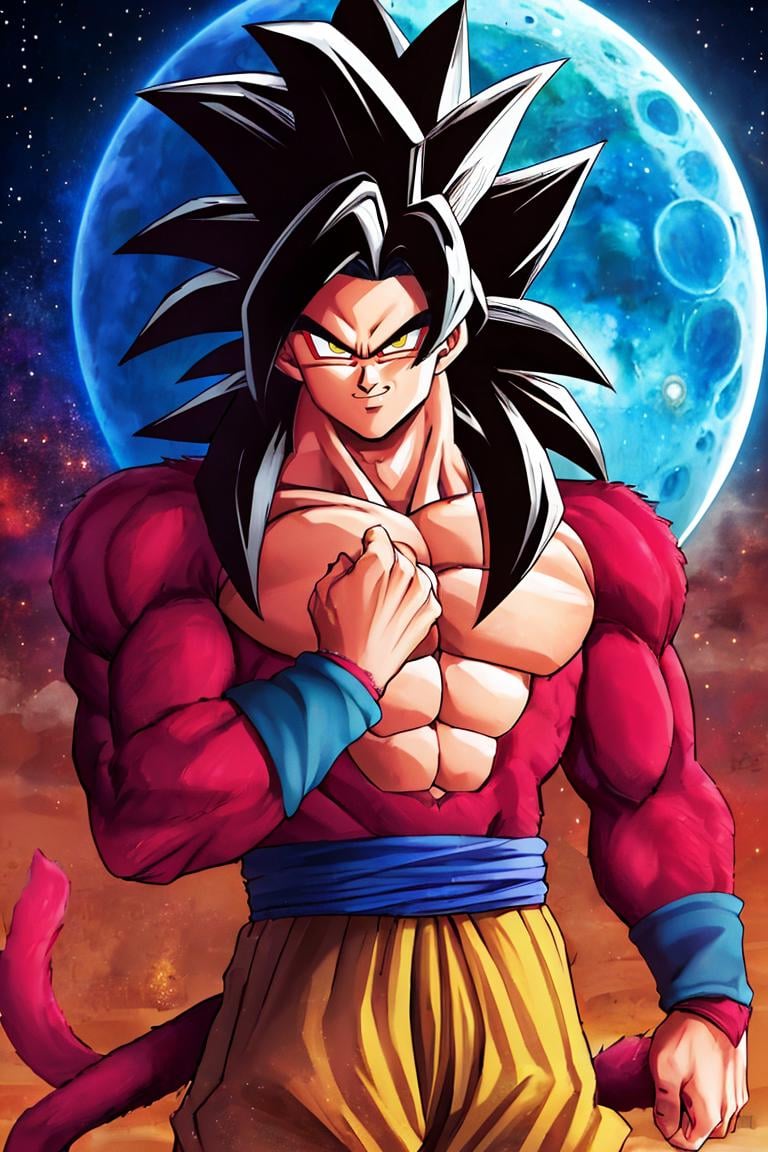 <lora:Alex_Ahad_Style :0.8>,((masterpiece,best quality)), absurdres, <lora:Super_Saiyan_4_Goku_Anime:0.8>, Super_Saiyan_4_Goku, 1boy, male focus, super saiyan, tail, wristband, pants, red fur, black hair,  solo, smiling, looking at viewer, cowboy shot, scifi background, giant moon, starry sky,