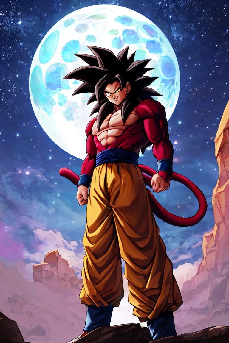 <lora:noelia_ponce_style :0.8>,((masterpiece,best quality)), absurdres, <lora:Super_Saiyan_4_Goku_Anime:0.8>, Super_Saiyan_4_Goku, 1boy, male focus, super saiyan, tail, wristband, pants, red fur, black hair,  solo, smiling, looking at viewer, cowboy shot, scifi background, giant moon, starry sky,
