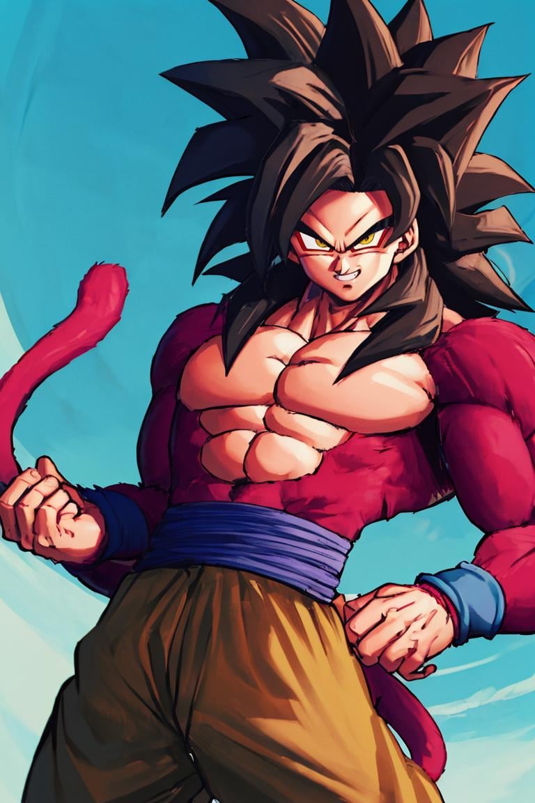 <lora:Toriyama_Akira_Style :0.8>,((masterpiece,best quality)), absurdres, <lora:Super_Saiyan_4_Goku_Anime:0.8>, Super_Saiyan_4_Goku, 1boy, male focus, super saiyan, tail, wristband, pants, red fur, black hair,  solo, smiling, looking at viewer, cowboy shot, 