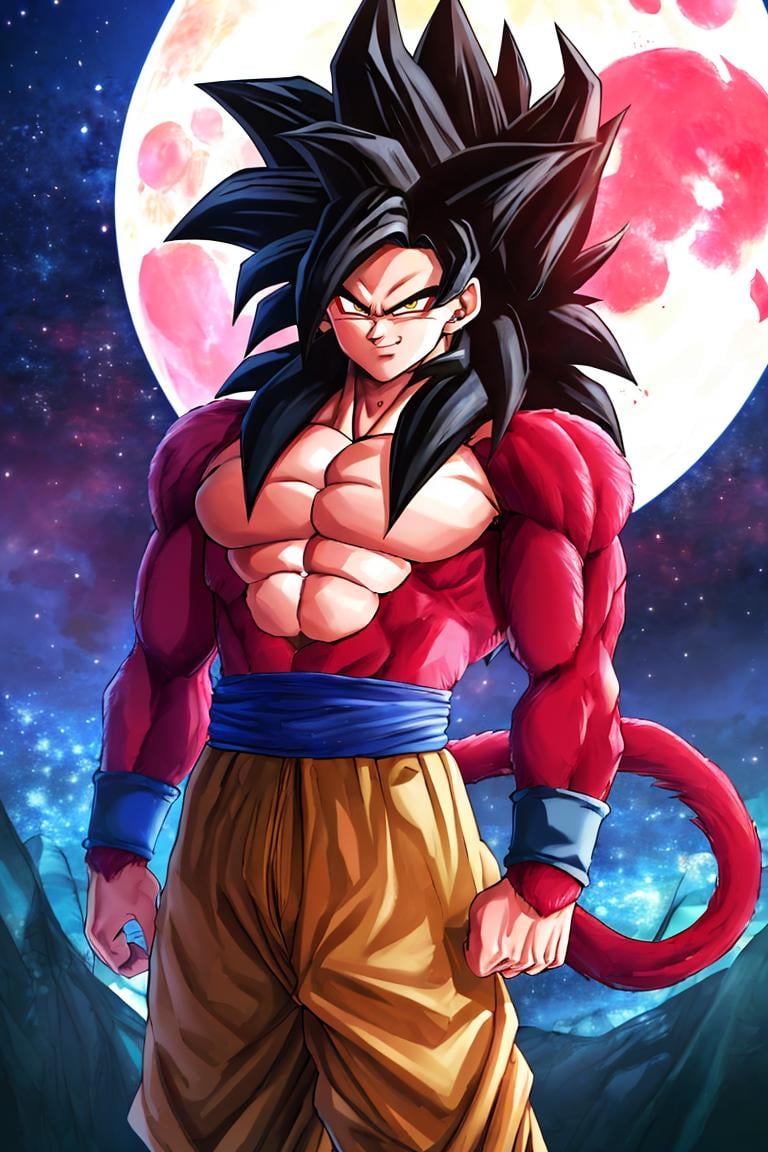 <lora:Puppypaww_Style :0.8>,((masterpiece,best quality)), absurdres, <lora:Super_Saiyan_4_Goku_Anime:0.8>, Super_Saiyan_4_Goku, 1boy, male focus, super saiyan, tail, wristband, pants, red fur, black hair,  solo, smiling, looking at viewer, cowboy shot, scifi background, giant moon, starry sky,