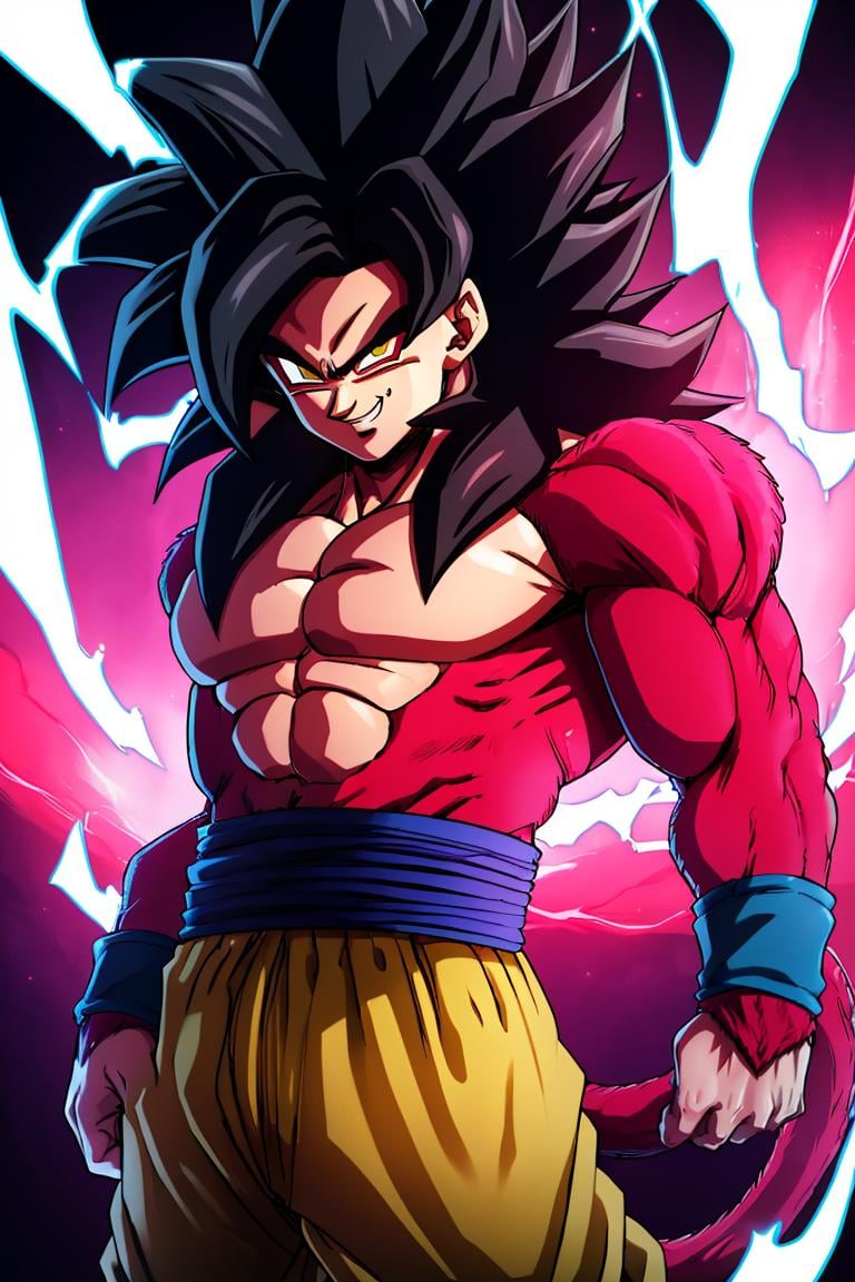 ((masterpiece,best quality)), absurdres, energy, aura, electricity, <lora:Super_Saiyan_4_Goku_Anime:0.8>, Super_Saiyan_4_Goku, 1boy, male focus, super saiyan, tail, wristband, pants, red fur, black hair,  solo, smiling, looking at viewer, cowboy shot, 