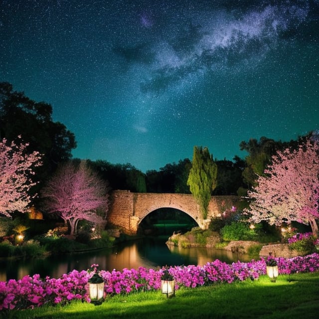 (magical pretty night sky green stream overlay scene), (sky), (clouds), soft lighting, clean background, beautiful scenery, masterpiece, high quality, beautiful graphics, high detail, epic scenery, garden, flowers, clouds, (night starry sky, river behind, huge old trees behind, falling glowing pink petals behind)