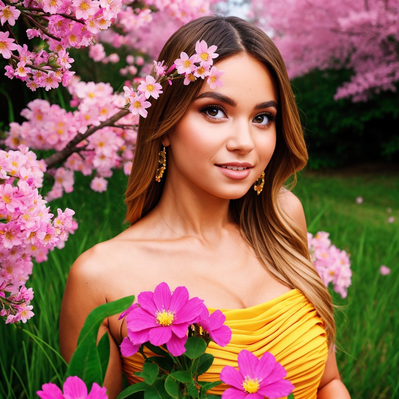 masterpice, (best quality), ((best detailed)), depth of field, a beautiful girl, beautiful face, nature, spirit, blossom, colorful landscape, flowers, butterflys, glowing dress, elements