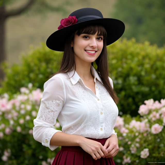 Medium view, medium shot, depth of field, bust, upper body, cinematic angle, masterpiece, best quality, super detailed, CG, 8K wallpaper, beautiful face, delicate eyes, a maiden, solo, smile, bangs, skirt, shirt, hat, dress, bow, petals, bouquet