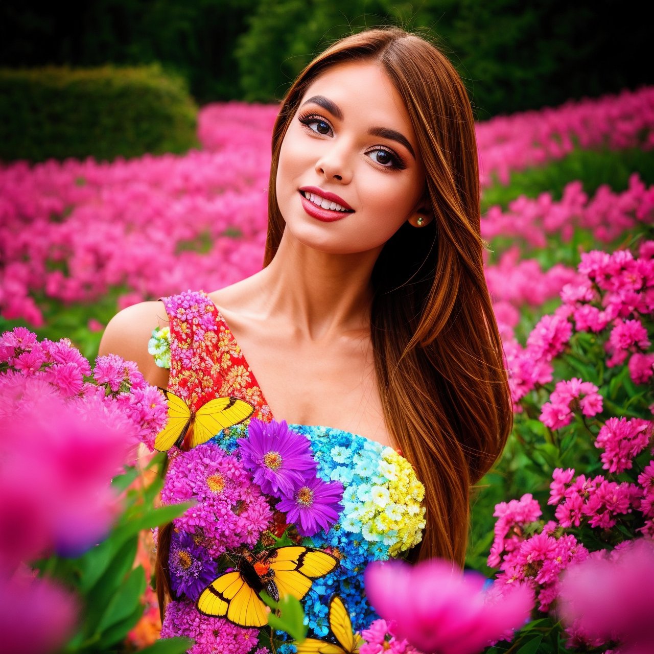 masterpice, (best quality), ((best detailed)), depth of field, a beautiful girl, beautiful face, nature, spirit, blossom, colorful landscape, flowers, butterflys, glowing dress, elements