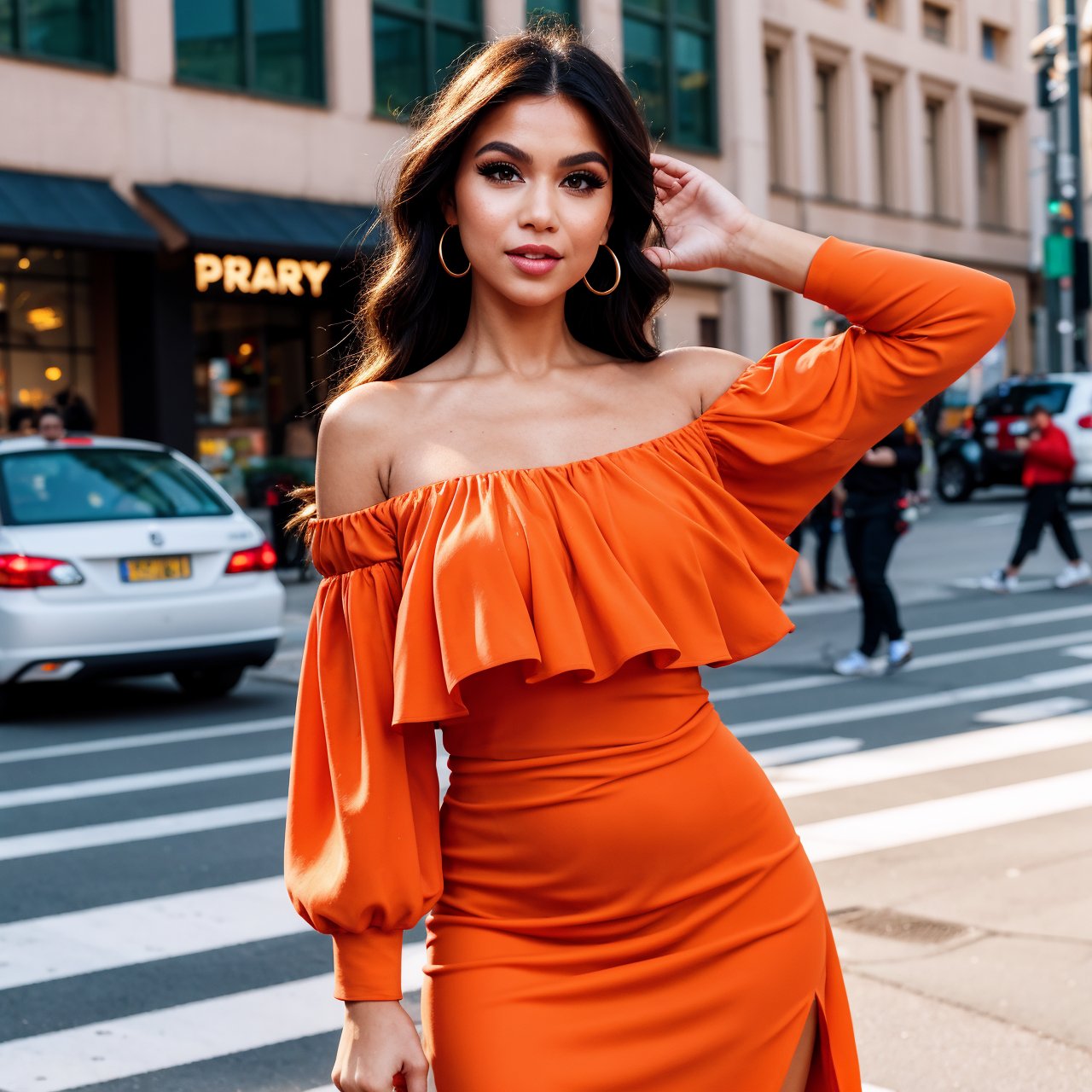 a woman posing on the street corner with orange dress on, best quality, 1girl, , day, bright, blur background, bokeh, outdoor, (street:0.8), (people, crowds:0.8), (off-shoulder dress:1.2), gorgeoaided bangs:1.2), beautiful detailed sky, (dynamic pose:1.2), soft lighting, wind, shiny skin, (upper body:0.8), (freckles:0.8), mole under mouth,