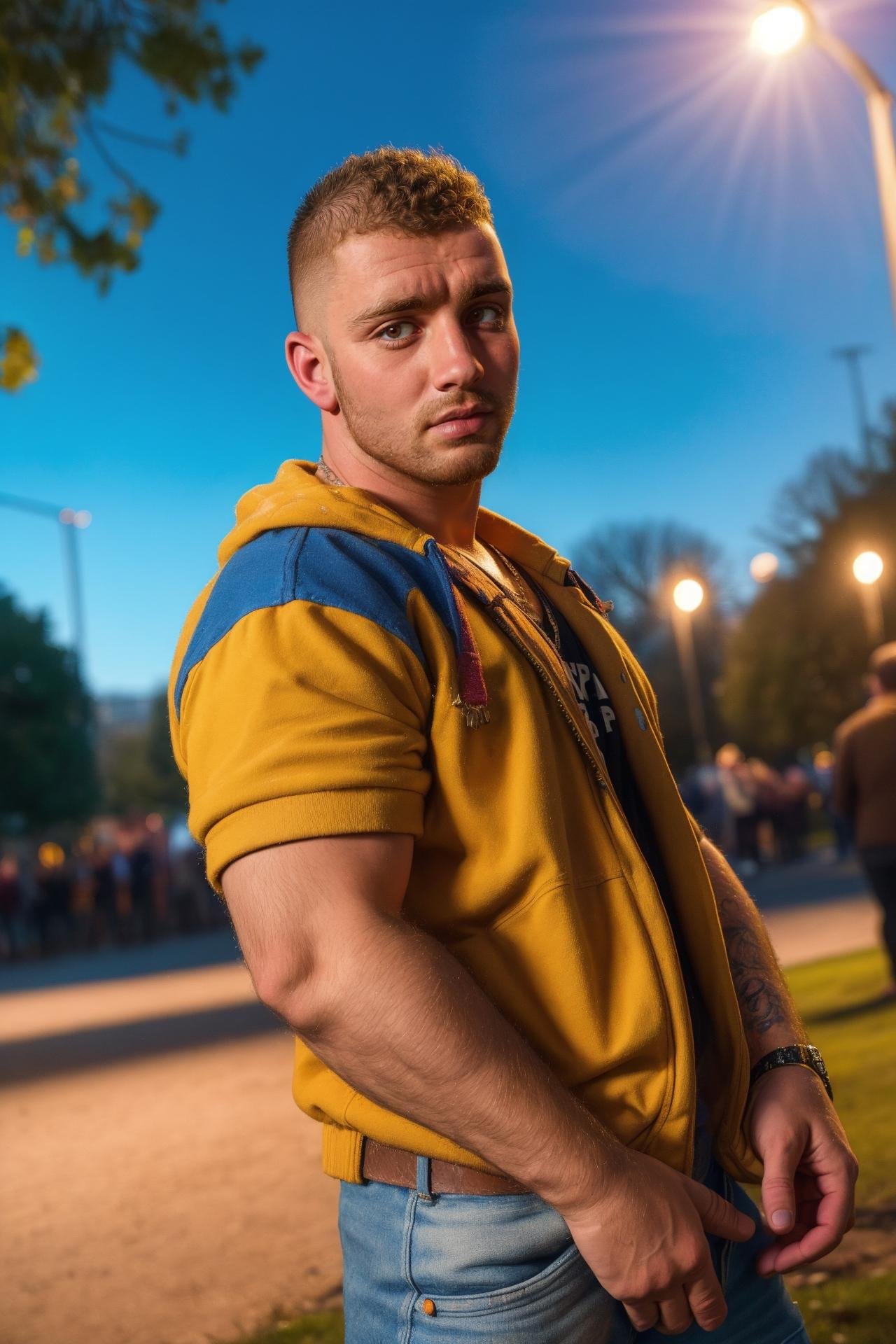masterpiece, best quality, 1boy, 30 year old, chav, rough, dirty, Mancunian, mean, bully, druggie, skinhead, (park background), realistic, dramatic lighting, atmospheric, intricate detail, bokeh, depth of field, artistic