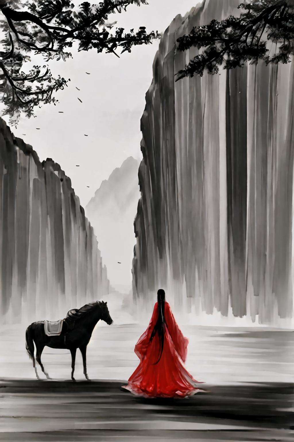 1girl,tree,<lora:ink_xiakexing_v2_128:0.8>,red dress,holding a horse,