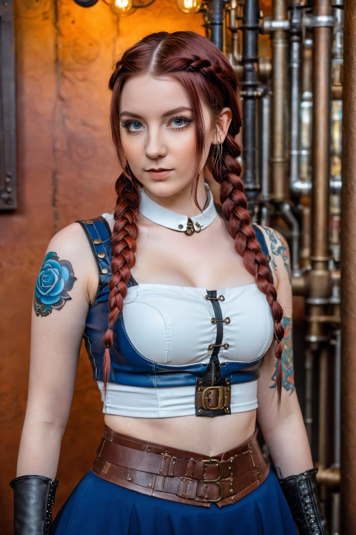 an steampunk girl at a party,  (white crop top:1.2),  small breast,  black and blue leather,  tattoo,  hyper detailed,  ultra sharp,  long auburn hair in braids,  8k,  (insanely detailed:1.5),  full body photograph,  20 megapixel,  canon eos r3,  detailed skin,  pale skin,<lora:EMS-89317-EMS:0.800000>