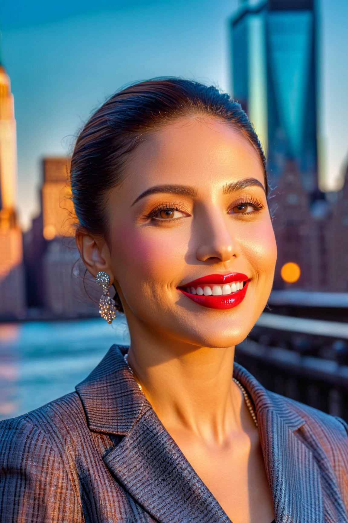 (best quality, 4k, 8k, highres, masterpiece:1.2), ultra-detailed, (realistic, photorealistic, photo-realistic:1.37), woman, new york city background, formal clothing, cute smile, motion background, cinematic, evening short, beautiful detailed eyes, beautiful detailed lips, professional, vivid colors, sharp focus, HDR, studio lighting,<lora:EMS-89317-EMS:0.800000>