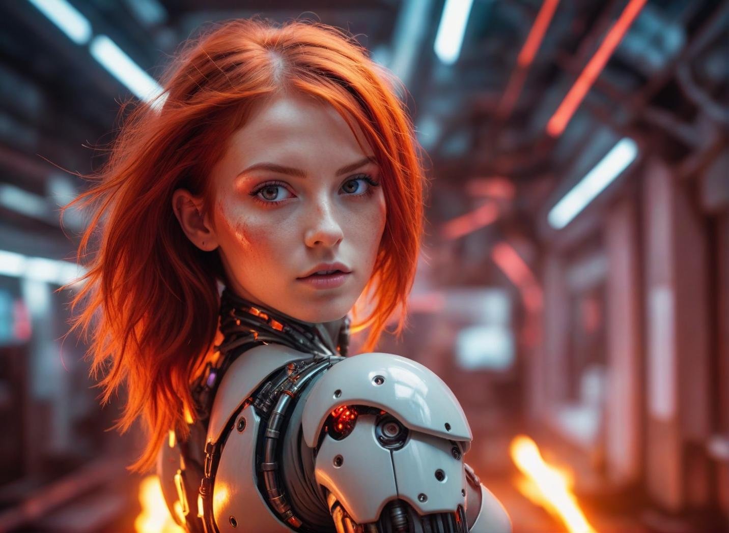 A Photograph capturing the essence of a young cyborg woman with fiery red hair. Her face fills the frame, bathed in neon hues, exuding determination and mystery amidst a futuristic backdrop