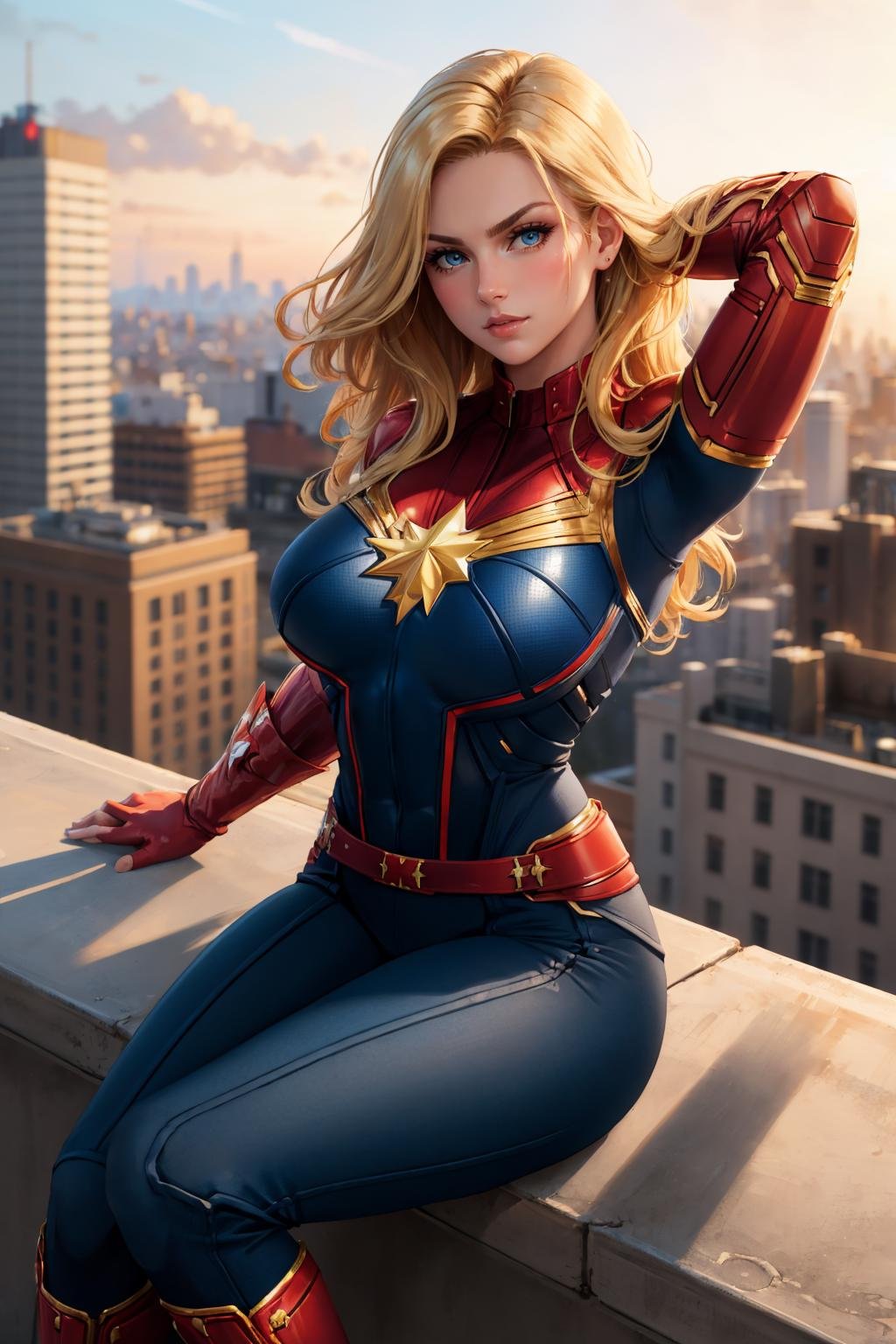 masterpiece, best quality, <lora:cptmarvel-nvwls-v1-000008:0.9> cptmarvel, bodysuit, red gloves, belt, large breasts, toned, cowboy shot, from above, looking at viewer, serious, cityscape, forced perspective, arms behind head, sitting, boots