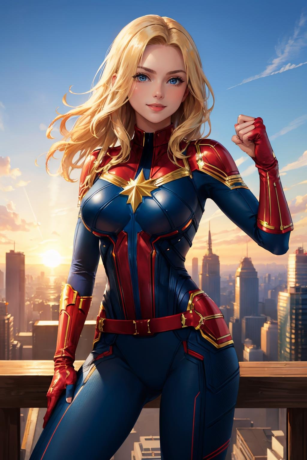 masterpiece, best quality, <lora:cptmarvel-nvwls-v1-000008:0.9> cptmarvel, bodysuit, red gloves, belt, large breasts, toned, looking at viewer, smile, blue sky, cityscape, sunrise, hand up, fist