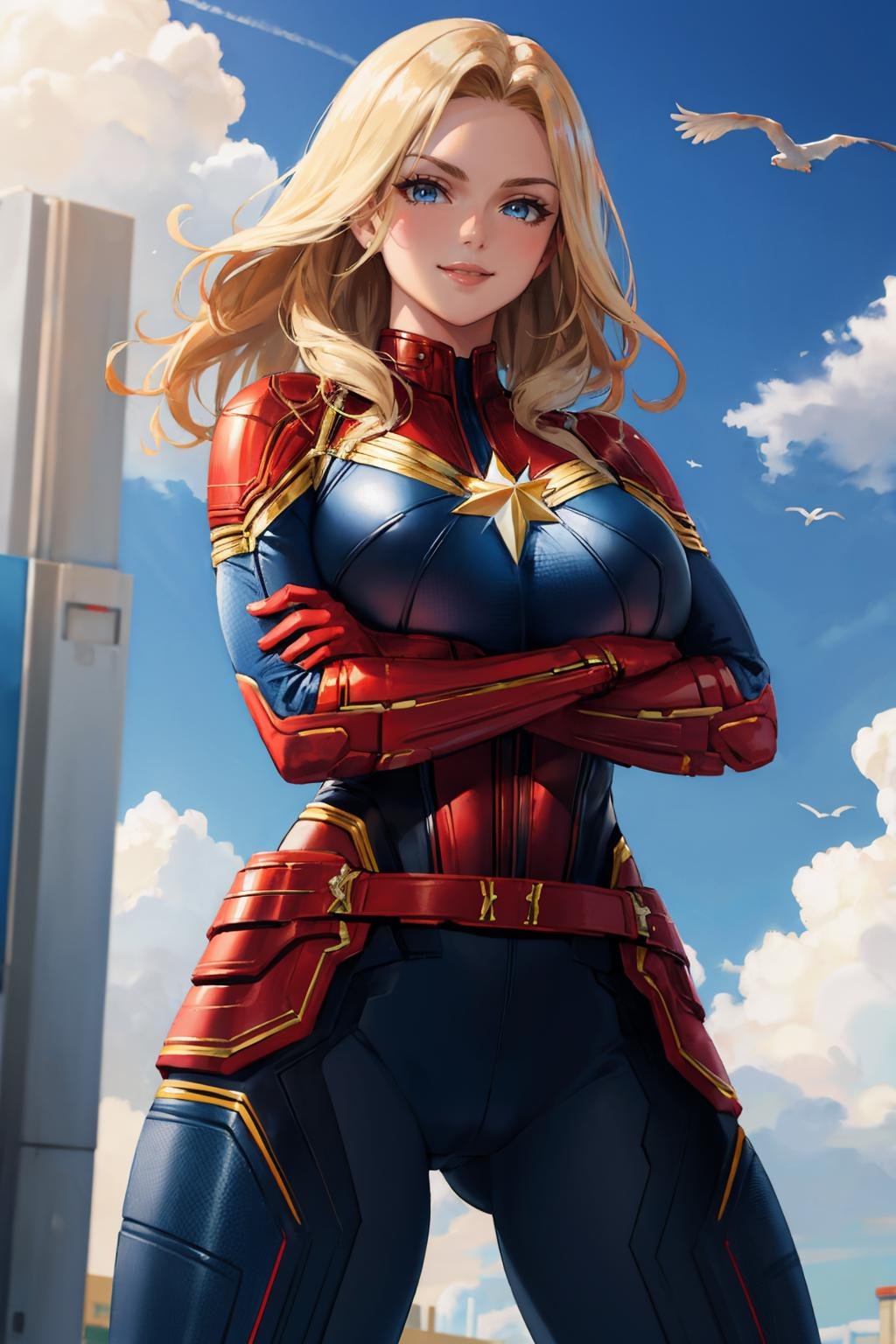 masterpiece, best quality, <lora:cptmarvel-nvwls-v1-000008:0.9> cptmarvel, bodysuit, red gloves, belt, large breasts, toned, smile, crossed arms, from below, sky, looking at viewer