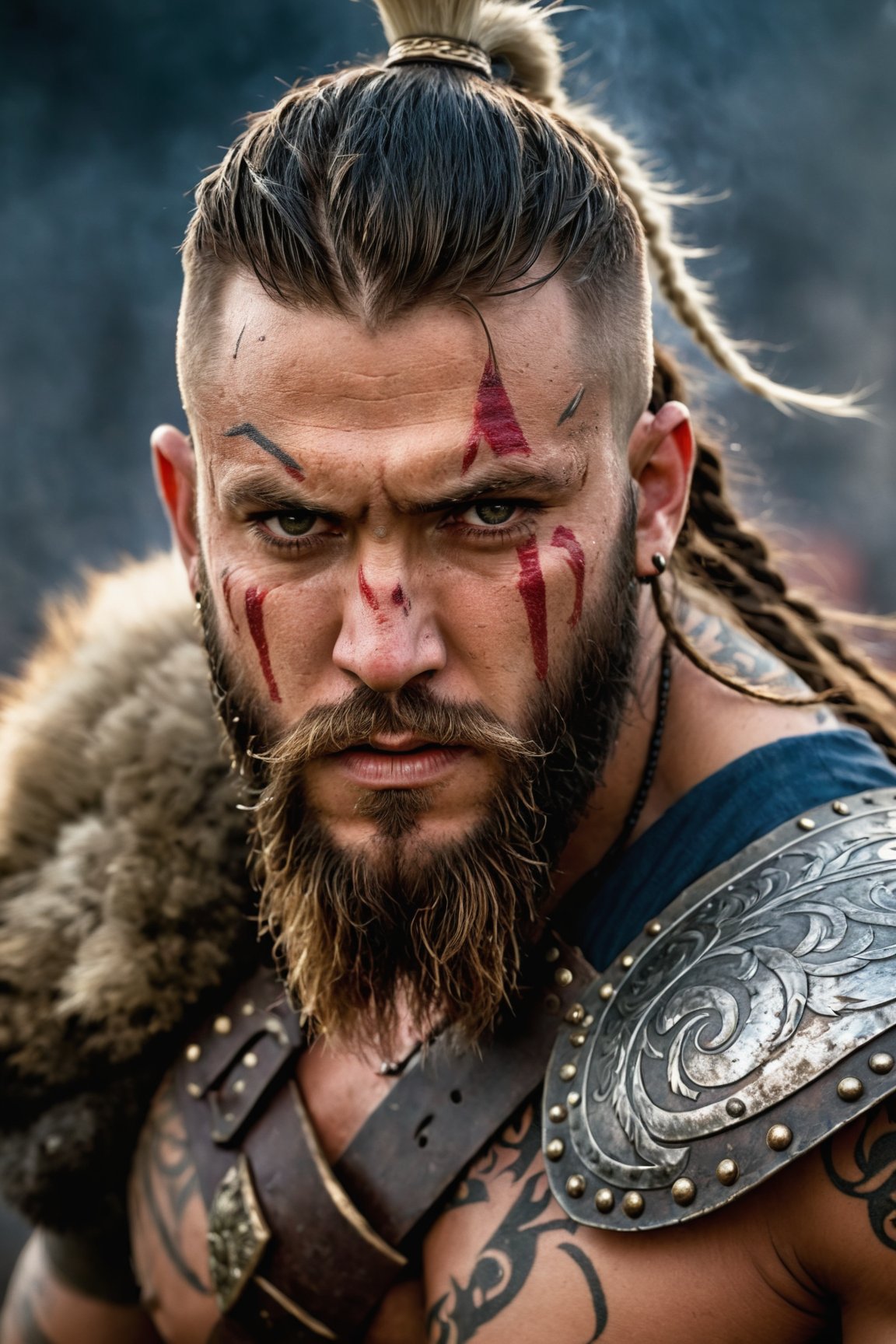 portrait,  viking warrior,  man,  warrior face paintings and blood,  detailed eyes,  shallow depth of field,  vignette,  highly detailed,  high budget Hollywood film,  (best quality,  4k,  8k,  highres,  masterpiece:1.2),  ultra-detailed,  (realistic,  photorealistic,  photo-realistic:1.37),  HDR,  UHD,  studio lighting,  ultra-fine painting,  sharp focus,  physically-based rendering,  extreme detail description,  professional,  vivid colors,  bokeh,  portraits,  war paint,  fierce expression,  metal armor,  weathered look,  bearded,  strong physique,  intense gaze,  androgynous,  scar on face,  battle scars,  broad shoulders,  ornate helmet,  ancient runes,  beads in hair,  smoke in background,  sword in hand,  shield,  stoic expression,  wind-swept hair,  roaring warrior,  muscular build,  heroic stance,  foreboding atmosphere,  dramatic lighting,  gritty texture,  contrasting shadows,  fire in the eyes,  tribal tattoos,  swirling mist,  ferocious demeanor,  commanding presence,  secrets in the eyes,  warrior symbol,  weathered background,  weather-beaten face,<lora:EMS-89672-EMS:0.800000>