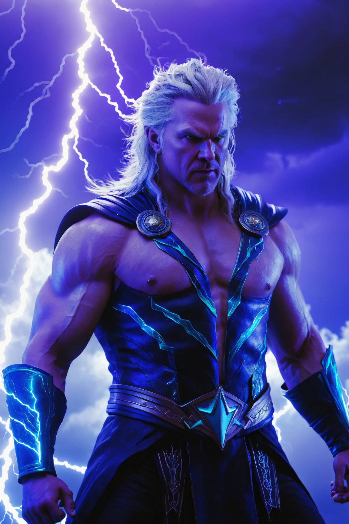 (best quality,  UHD,  ultra-detailed,  masterpiece),  (ultra-realistic,  photorealistic),  A breathtaking UHD portrait depicting the imposing Thunder God,  his electrifying lightning strikes illuminating the sky in vibrant violet and cyan hues. Rendered with the precision of the Luminous Studio graphics engine and the brilliance of Octane render,  the scene is enveloped in a cloudy haze,  with fiery embers dancing around his thunderous crown.,<lora:EMS-89672-EMS:0.800000>