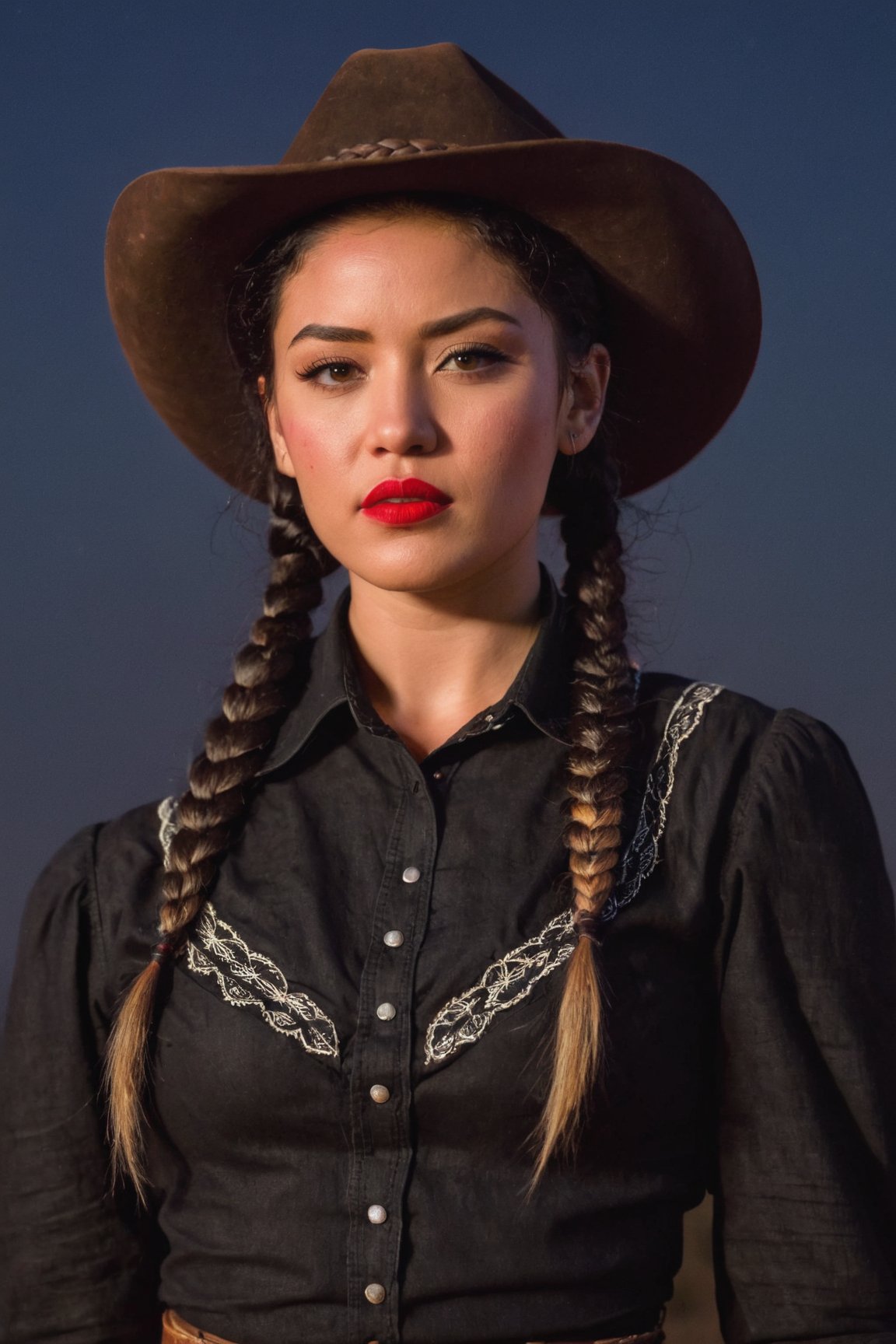 (23-year-old woman),  (determined face),  (red lips),  (black hair braided to the side),  (period clothes),  (cowboy hat),  (blood moon in the background).,<lora:EMS-89672-EMS:0.800000>